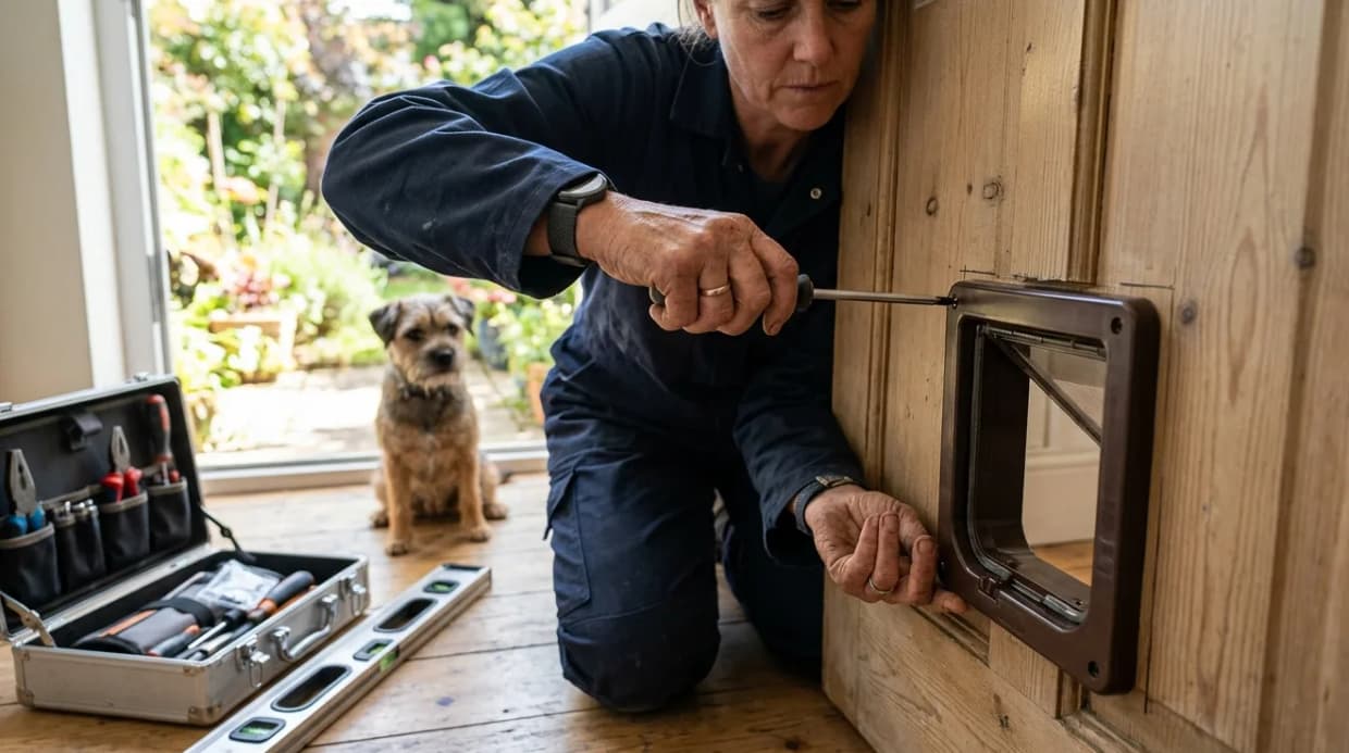 Pet flap fitting: toughened glass is never drilled, the whole pane is replaced — Physical Services